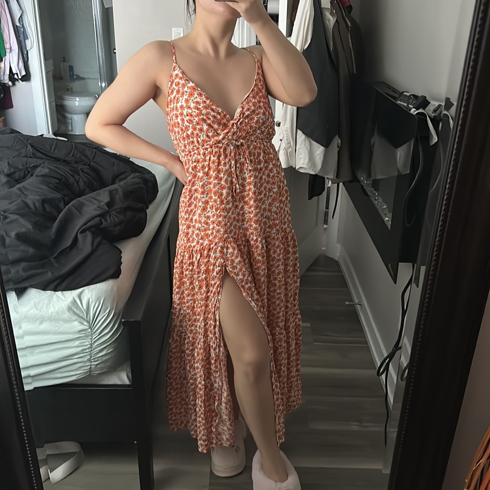Lulus “Forever Blooming” Orange Floral Print Tiered Maxi Dress